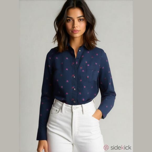 J. Crew Womens Blouse L Cotton Poplin Shirt Signature Fit Apples Blue Pink NEW - Picture 1 of 7